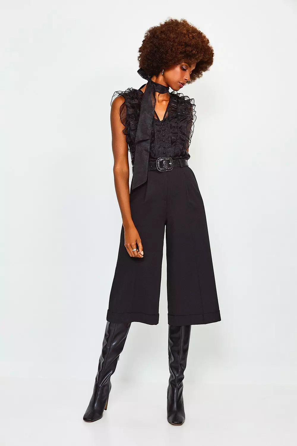 【Karen Millen】アシンメトリーネック ストラッピードレス Premium Linen Viscose Pinstripe Halter Neck Belted Full