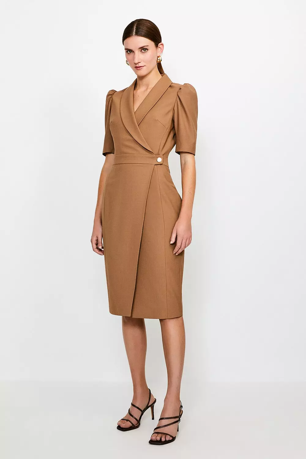 Camel Polished Stretch Wool Blend Tailored Wrap Dress alternative image