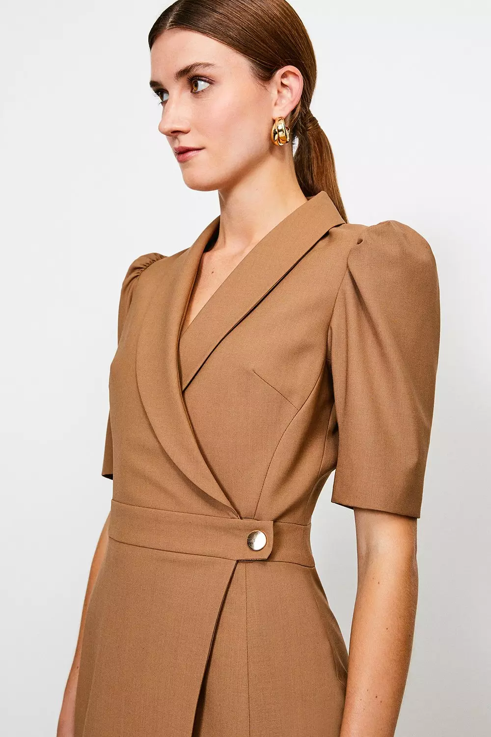 Camel Polished Stretch Wool Blend Tailored Wrap Dress alternative image