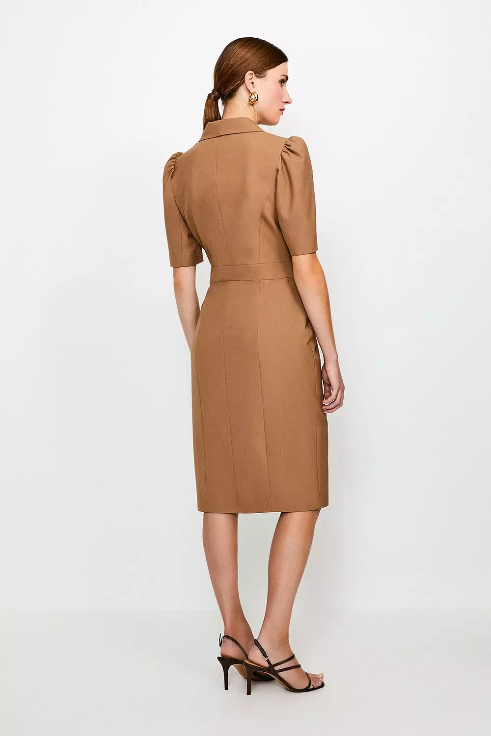 Camel Polished Stretch Wool Blend Tailored Wrap Dress alternative image