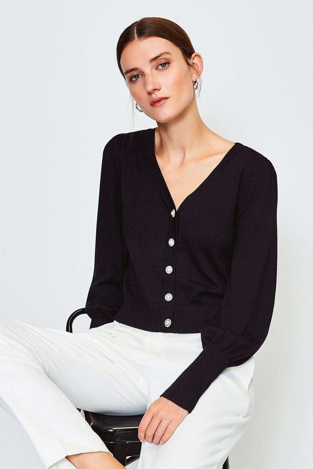 Pearl Button V Neck Cardigan | Karen Millen