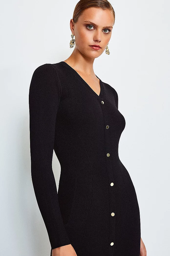 Button Detail Knitted Rib Dress | Karen Millen Button Detail Knitted Rib Dress | Karen Millen