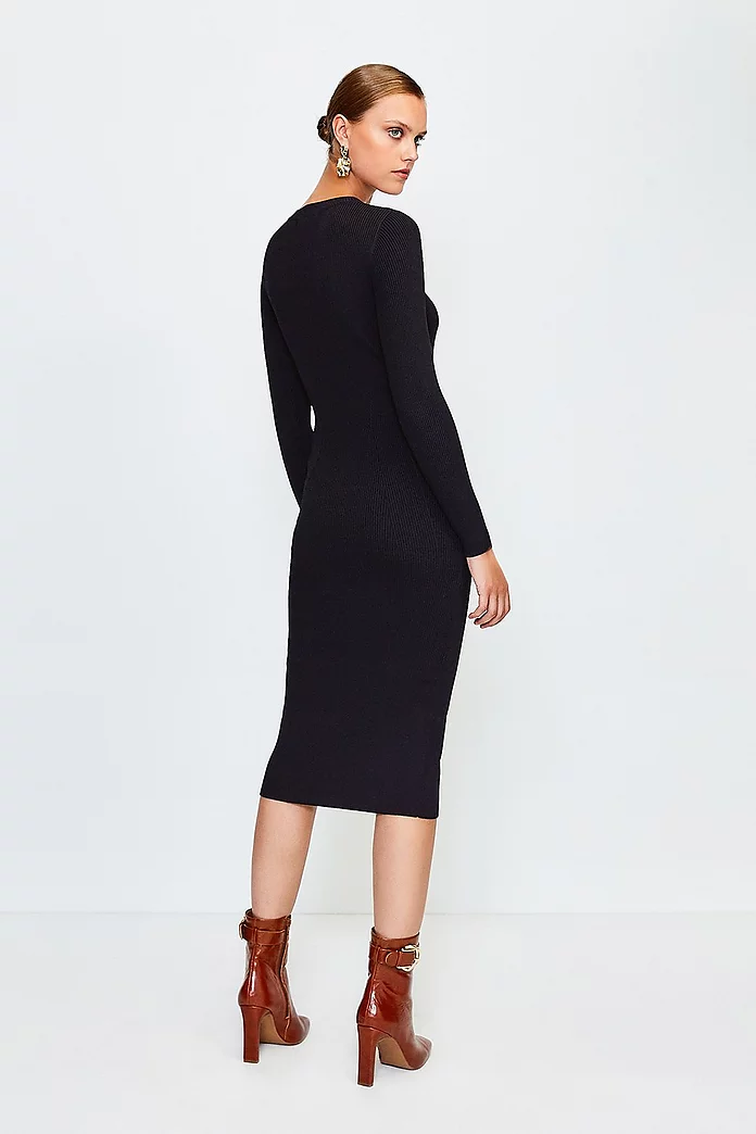 Button Detail Knitted Rib Dress | Karen Millen Button Detail Knitted Rib Dress | Karen Millen