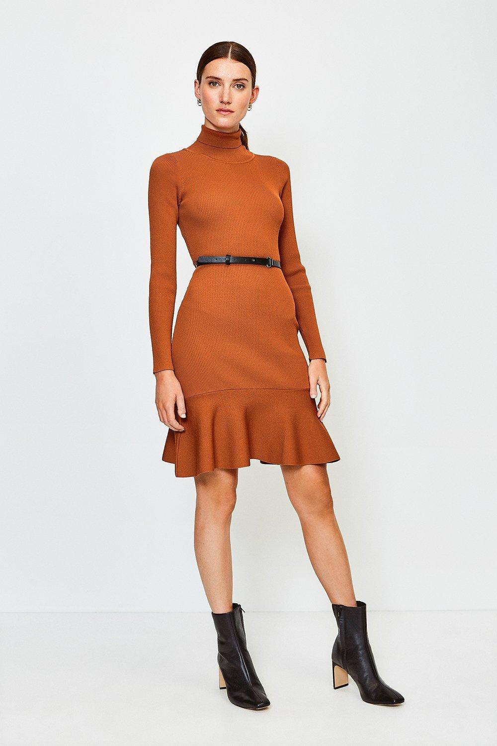 Knitted Roll Neck Belted Flippy Hem Dress Karen Millen