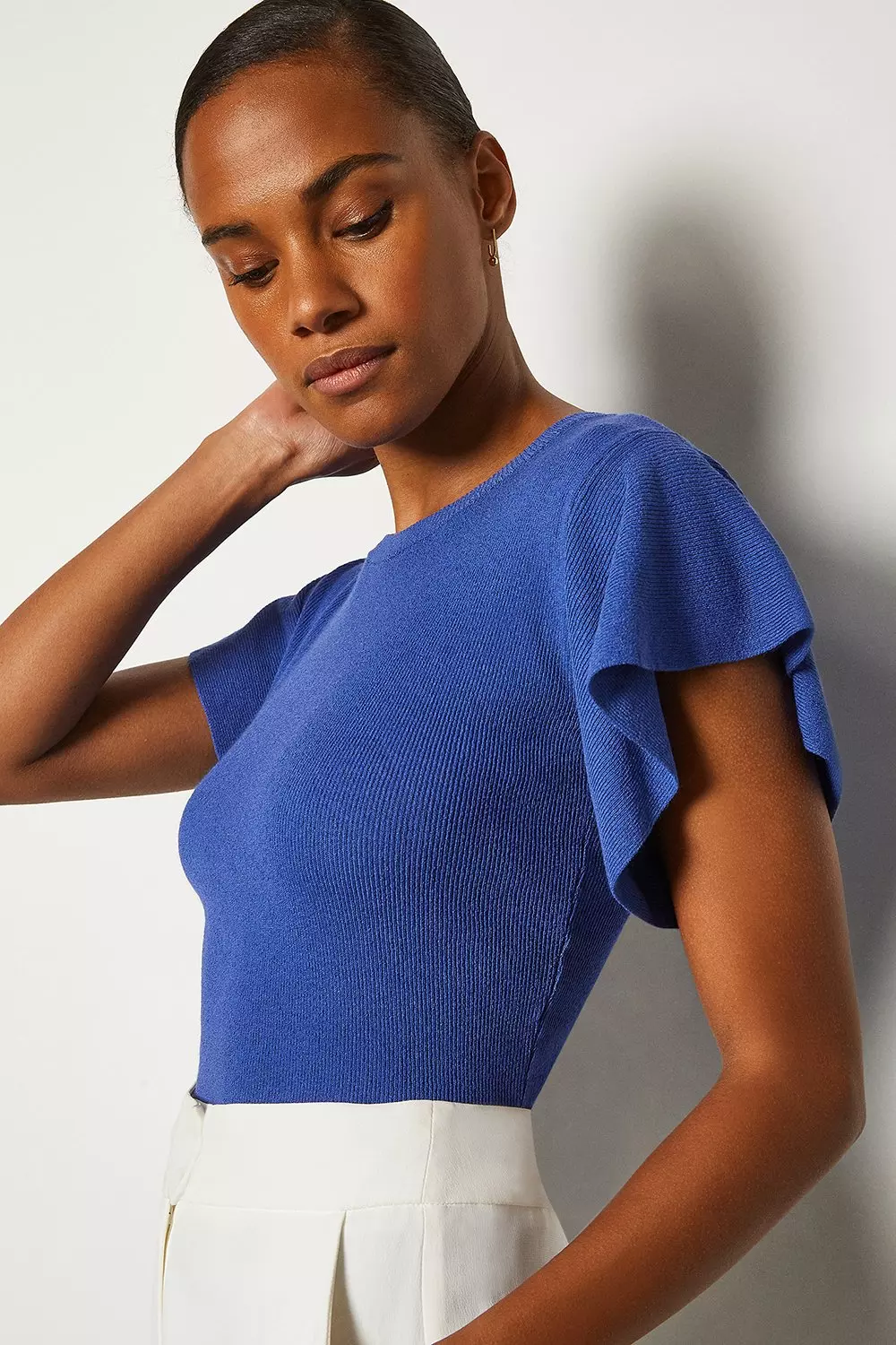 KAREN MILLEN*ロゼット テクスチャークロップウーブンジャケット Viscose Blend Square Neck Figure Form Knitted Top | Karen Millen