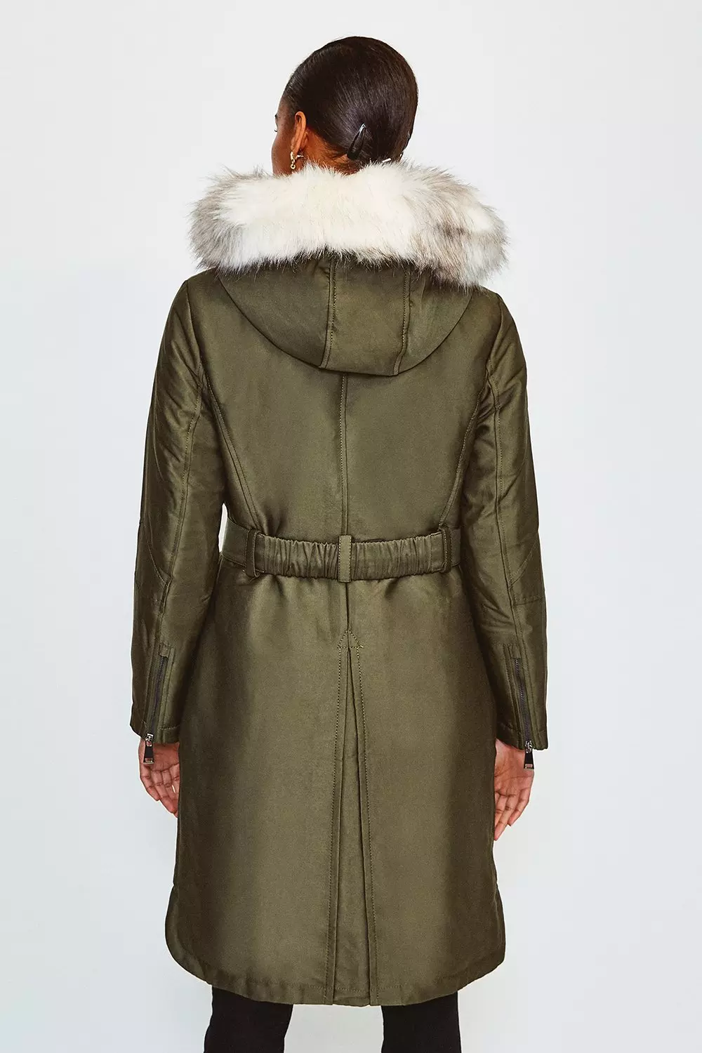 Khaki faux fur trim parka coat on sale