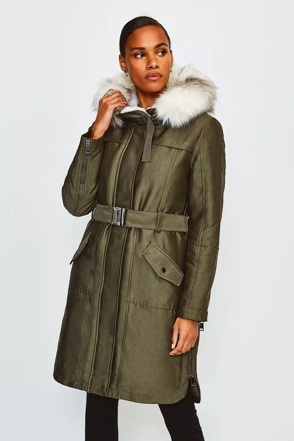 Faux Fur Trim Parka Coat Karen Millen