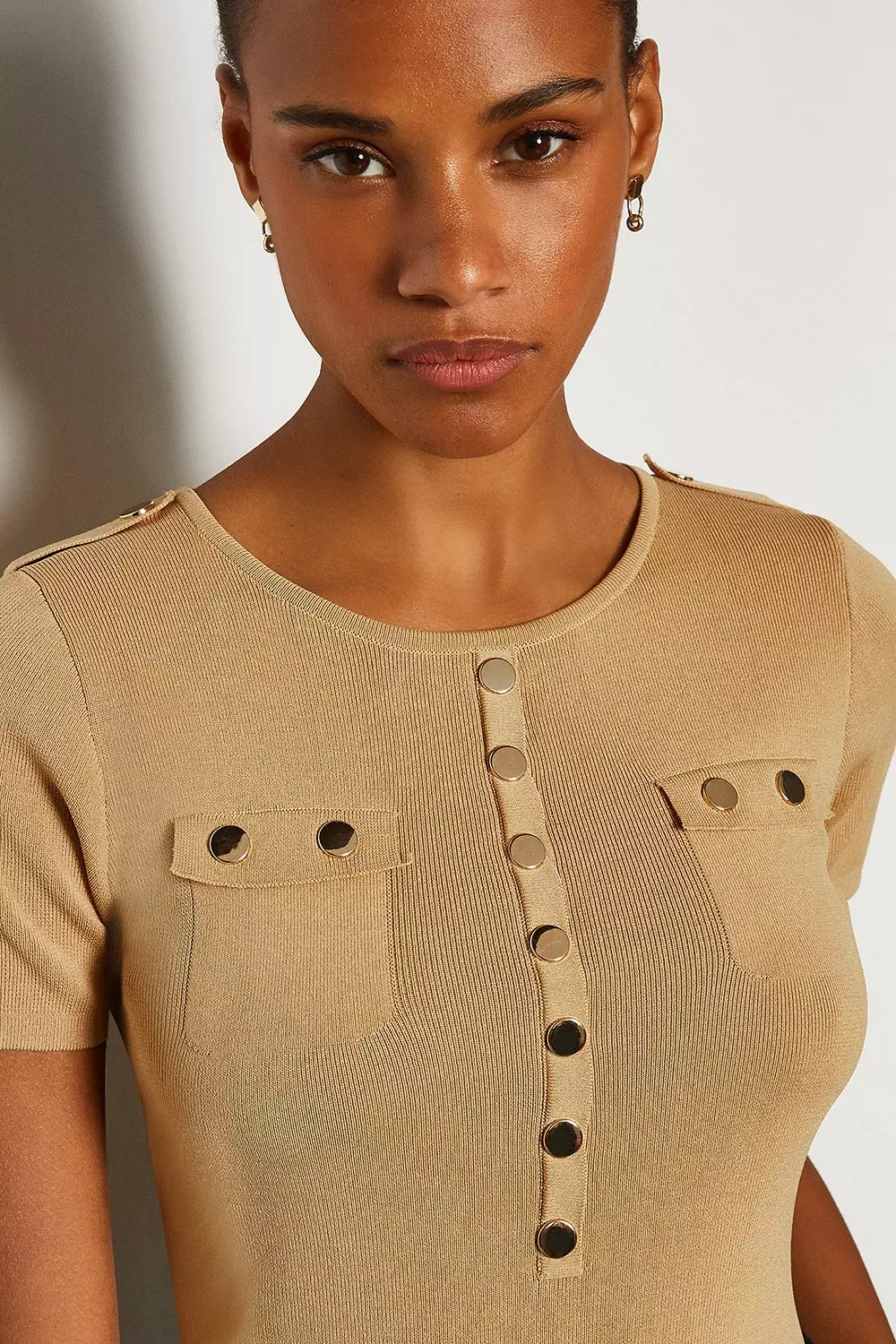 Gold Button Short Sleeve Knitted Top | Karen Millen