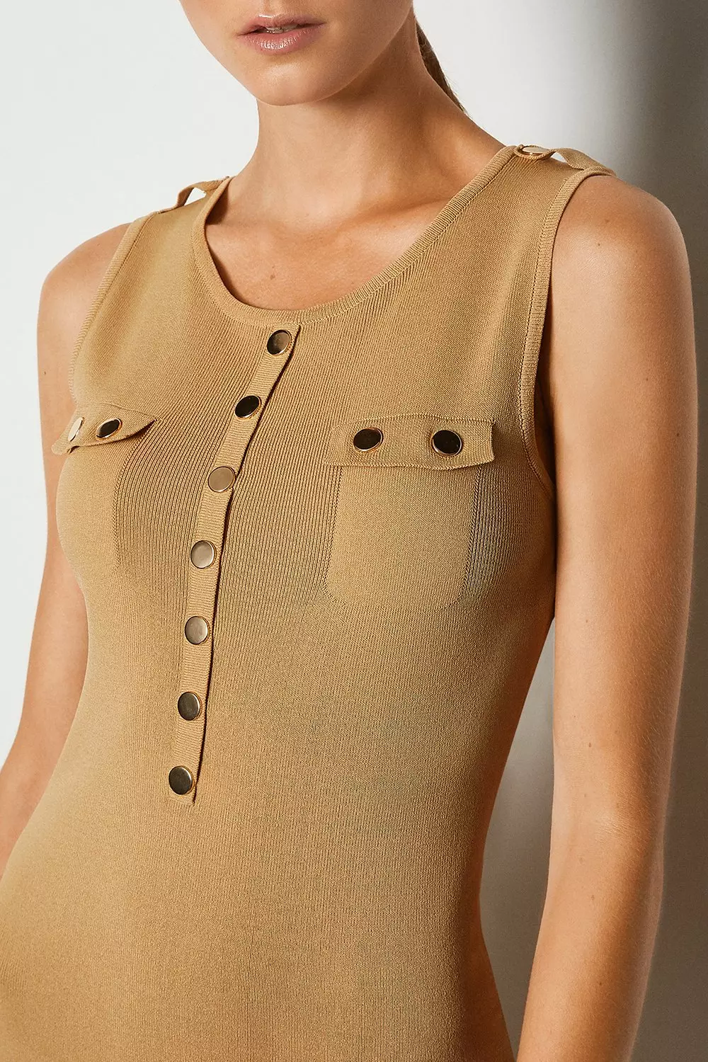 Gold Button Sleeveless Knitted Dress | Karen Millen