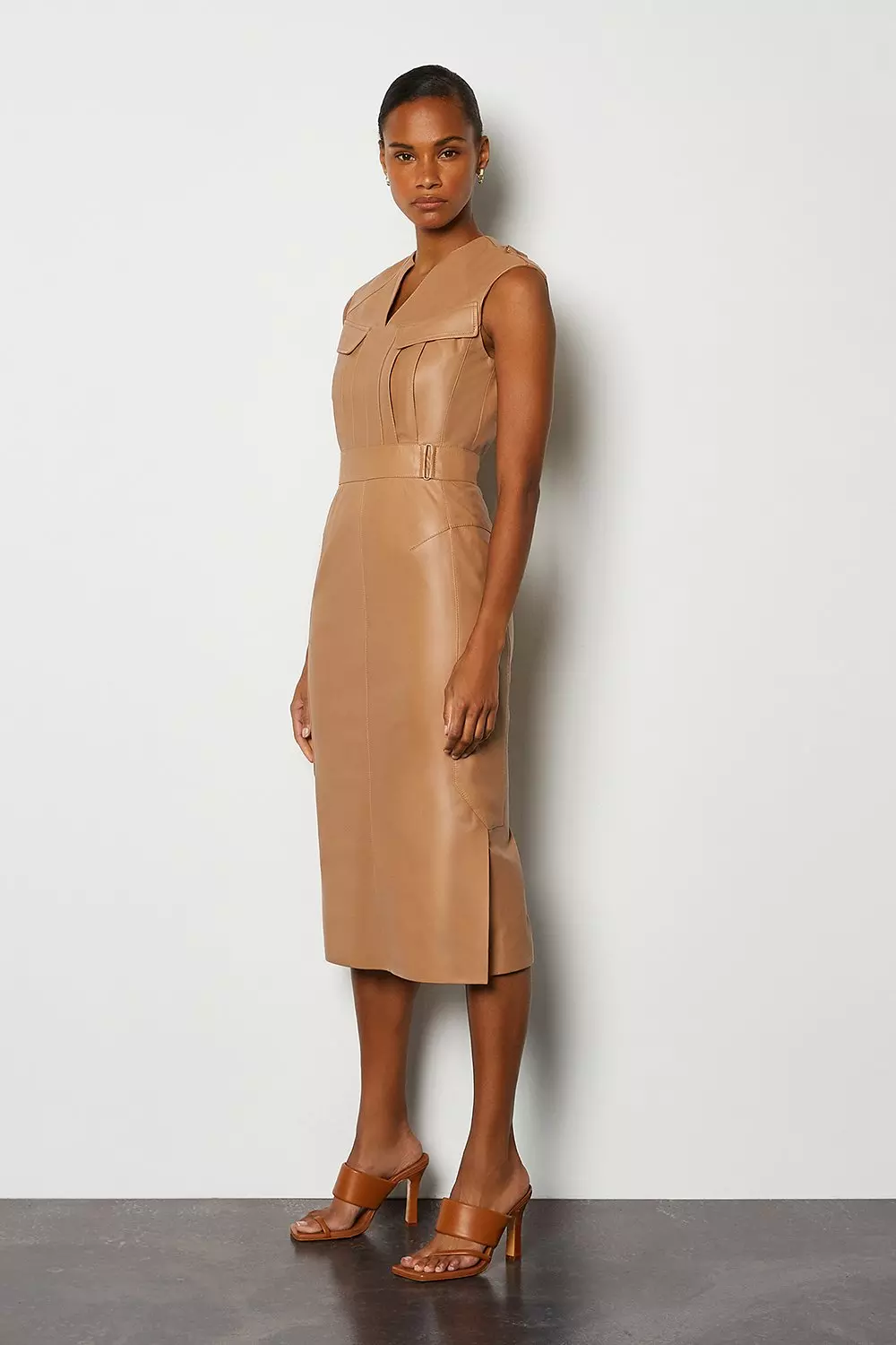 Tan Leather Pocket Detail Midi Dress alternative image