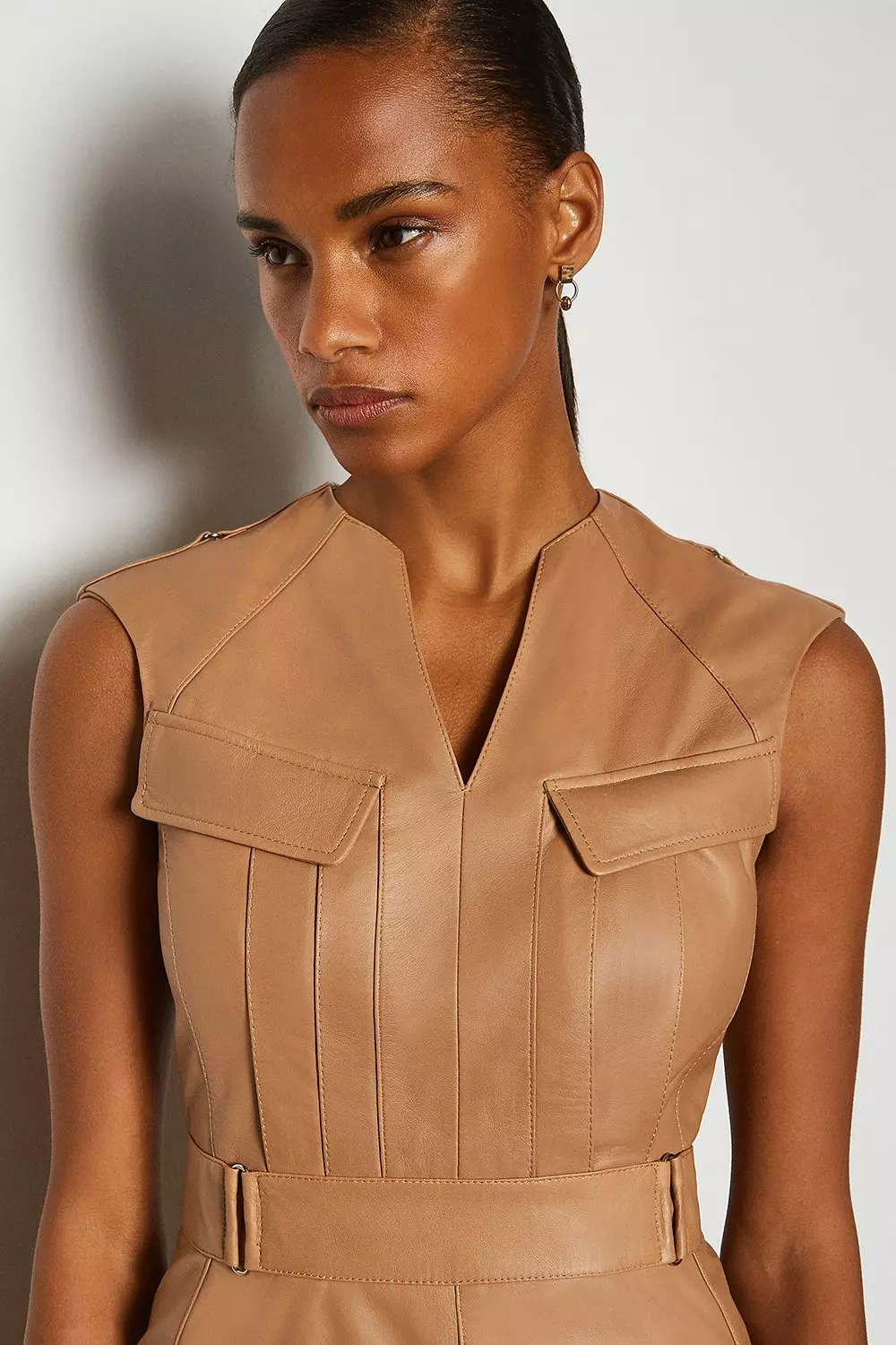 Tan Leather Pocket Detail Midi Dress alternative image