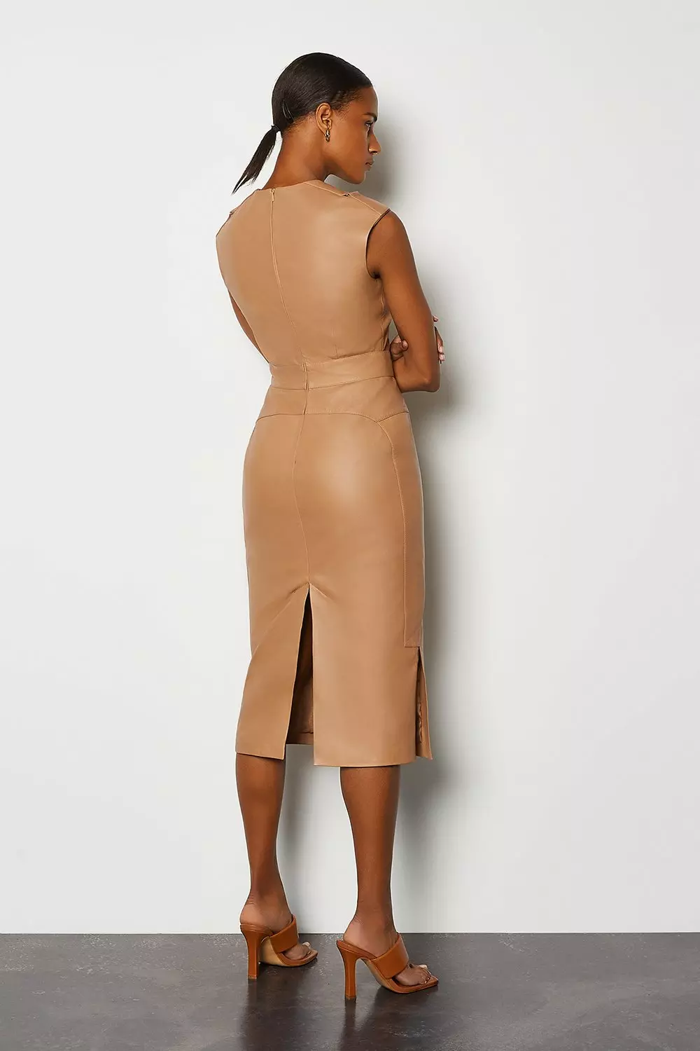 Tan Leather Pocket Detail Midi Dress alternative image