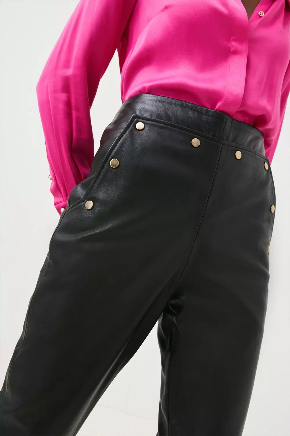Leather Button Detail Trouser | Karen Millen