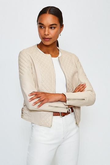 Beige Leather Quilted Moto Jacket