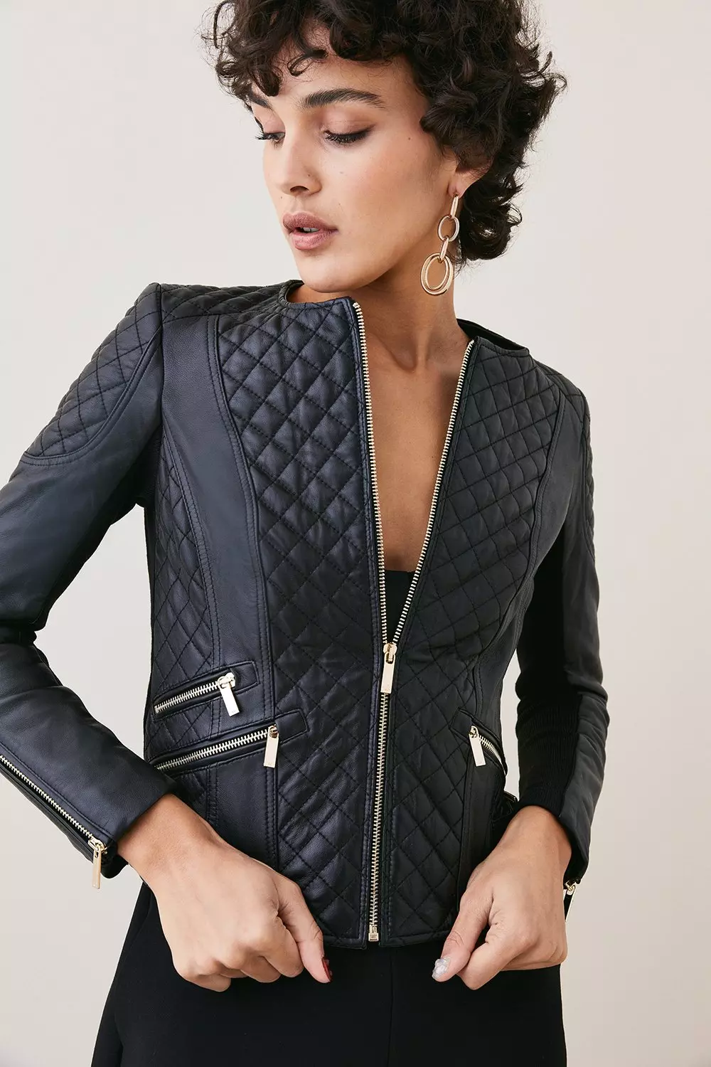 Leather Quilted Biker Jacket Karen Millen