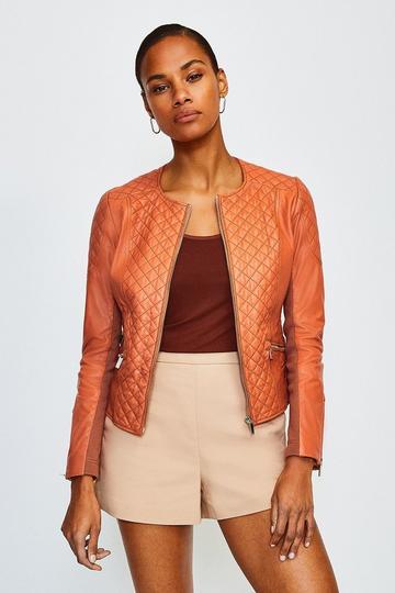 Brown Leather Quilted Moto Jacket