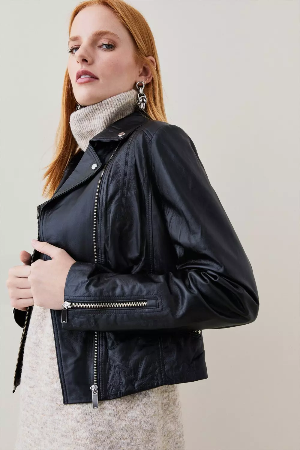 Leather Signature Biker Jacket Karen Millen