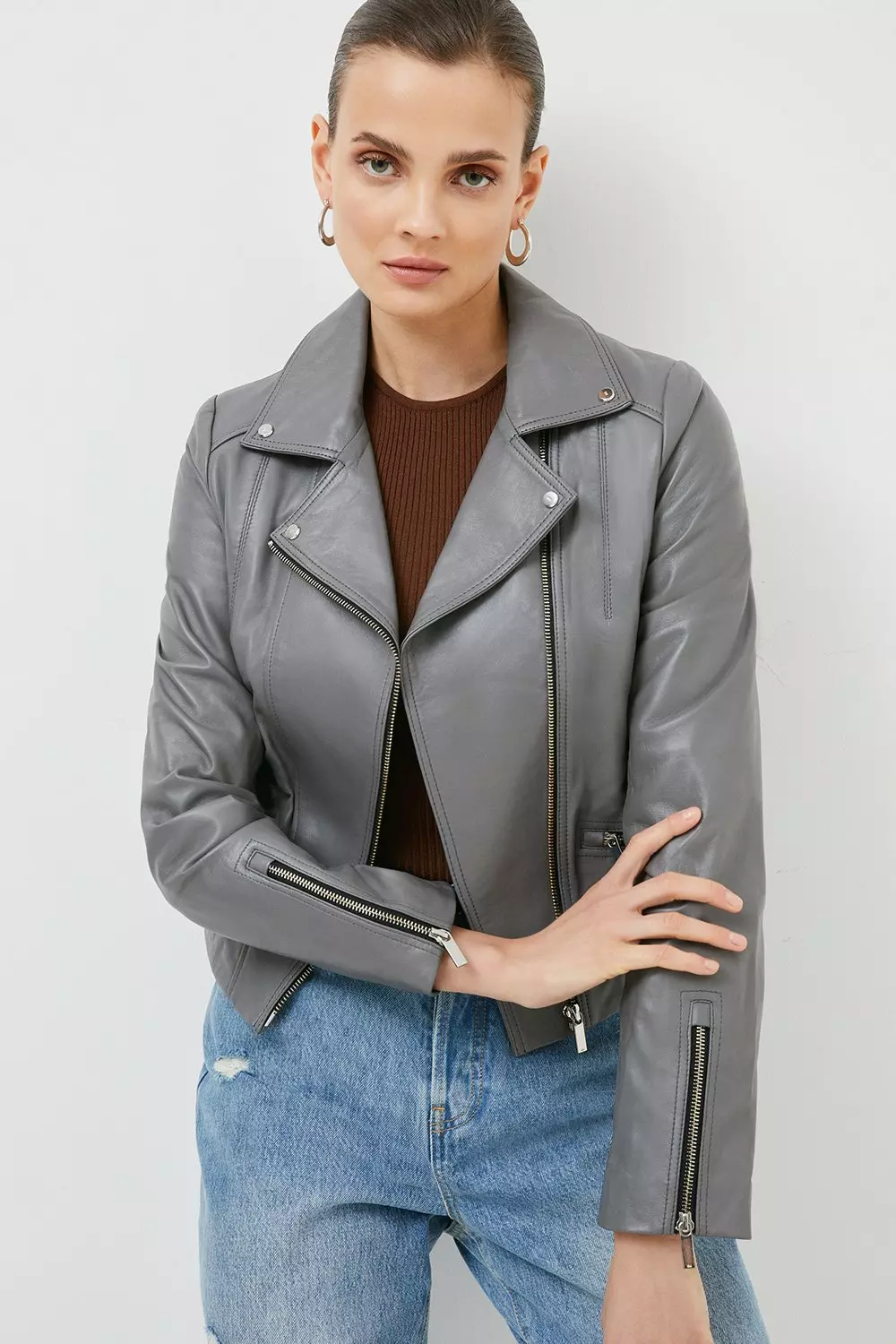 Leather Signature Biker Jacket Karen Millen