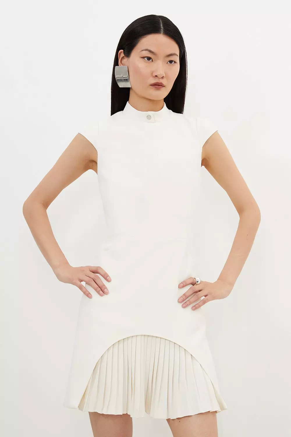 関税送料込【KAREN MILLEN】ベルト付き 織り ミニドレス Tailored Cotton Stretch Pocketed Belted Tailored Mini Shirt