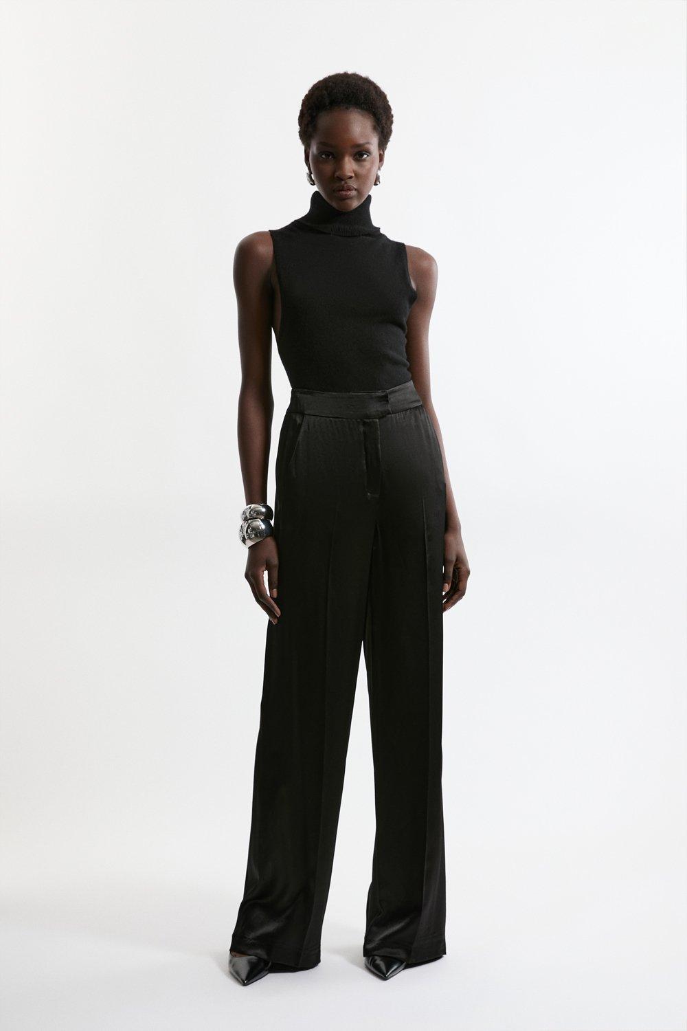 Black Tailored Viscose Satin Back Crepe Wide Leg Trousers