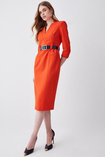 Forever Belted Midi Pencil Dress orange