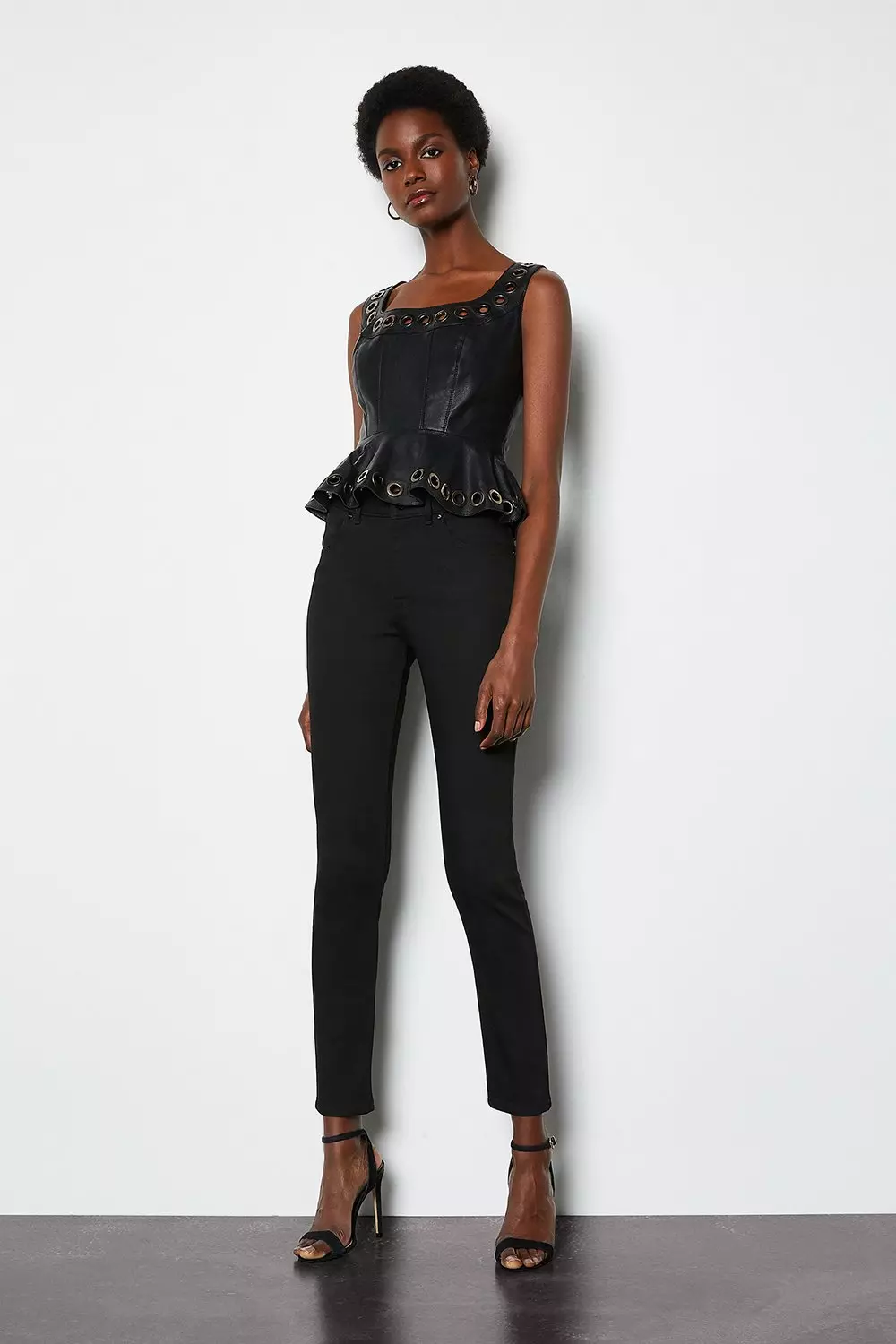 Leather Eyelet Peplum Top | Karen Millen