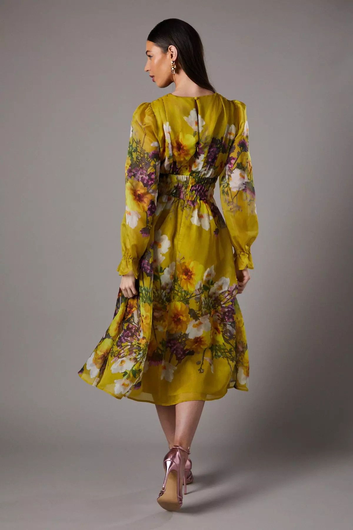 Printed Blouson Sleeve Organza Midi Dress | Karen Millen