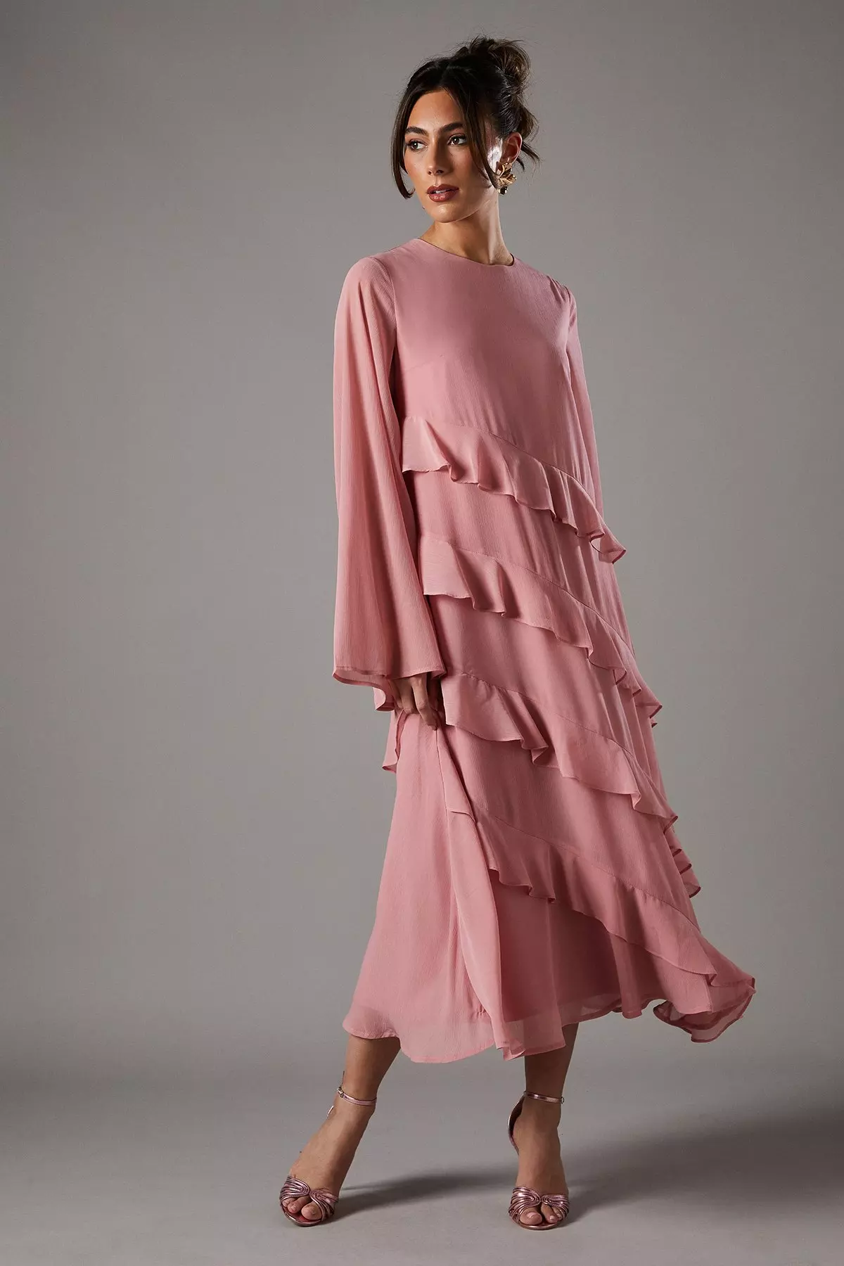Blush Ruffle Tiered Long Sleeve Gown alternative image