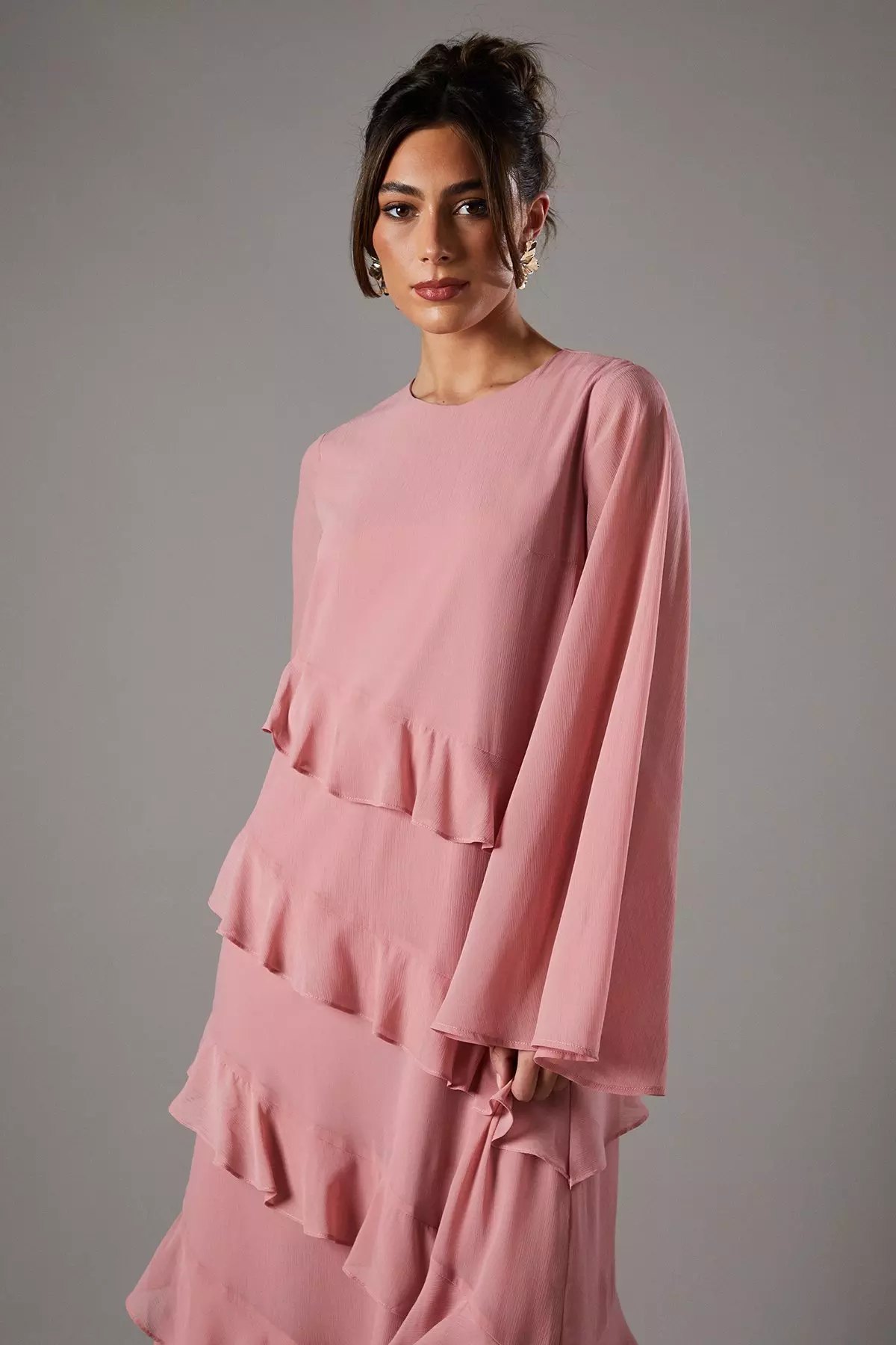 Blush Ruffle Tiered Long Sleeve Gown alternative image