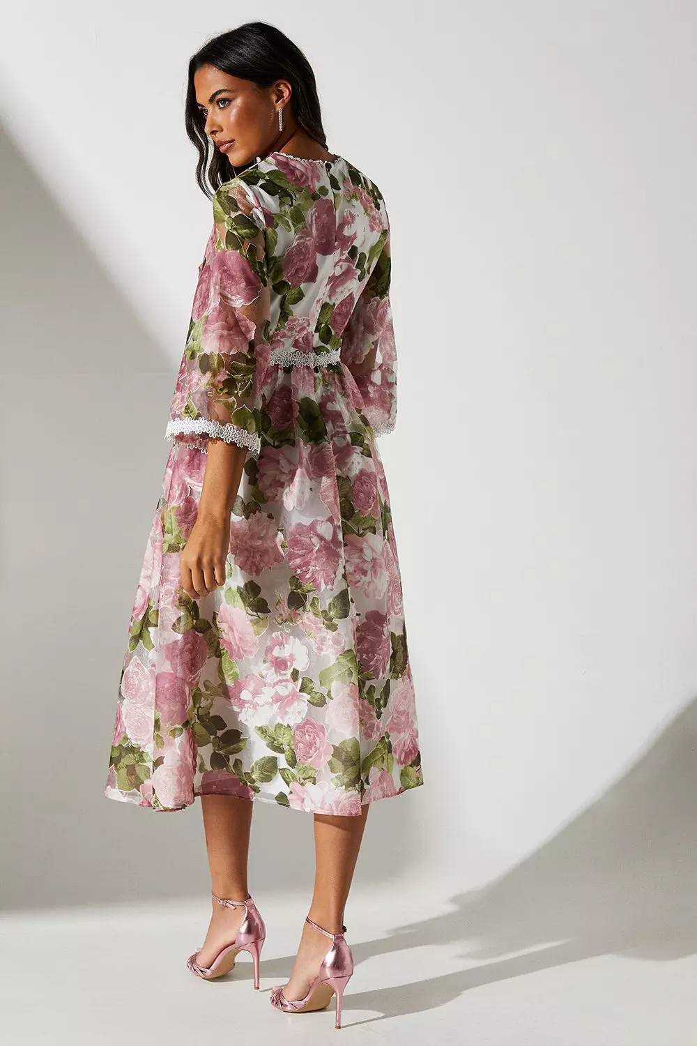 【KAREN MILLEN】プレミアムビスコースリネン フレアドレス Organza Floral Lace Trim Midi Dress | Karen Millen