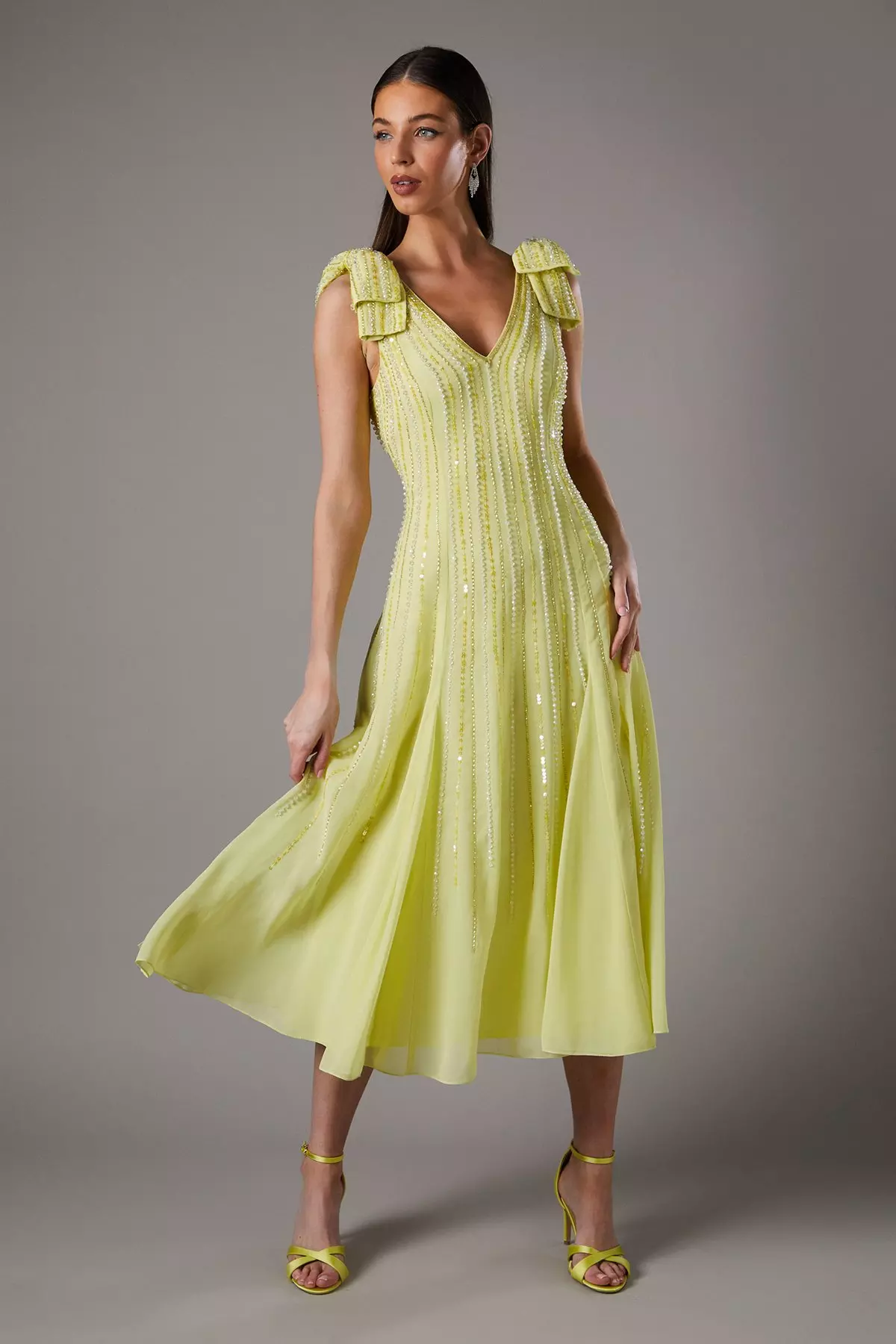 Yellow Bow Shoulder Embellished Midi Dress alternative image