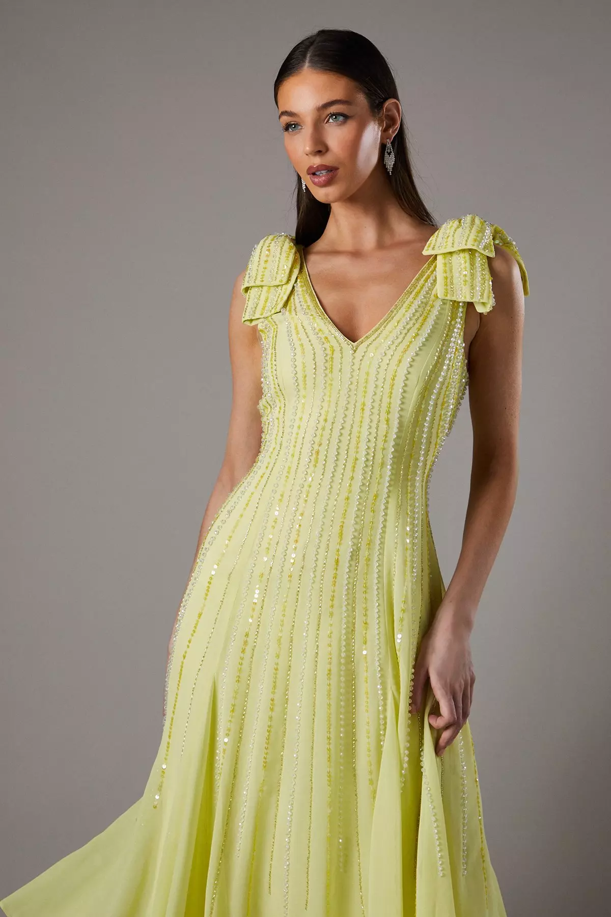 Yellow Bow Shoulder Embellished Midi Dress alternative image