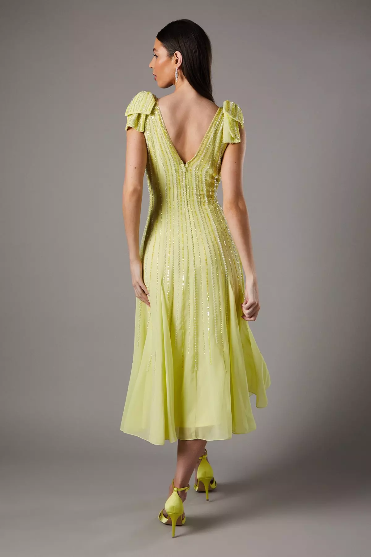 Yellow Bow Shoulder Embellished Midi Dress alternative image
