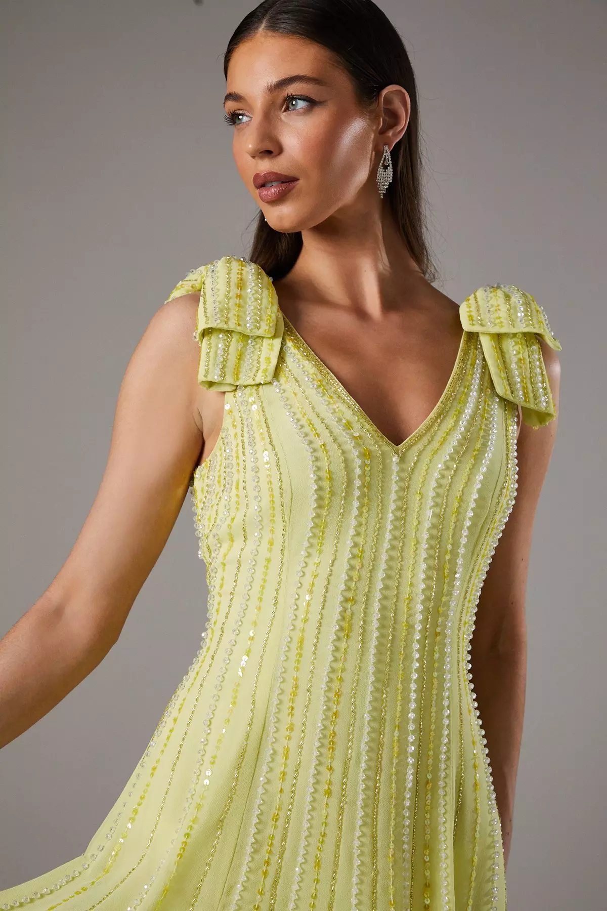 Yellow Bow Shoulder Embellished Midi Dress alternative image
