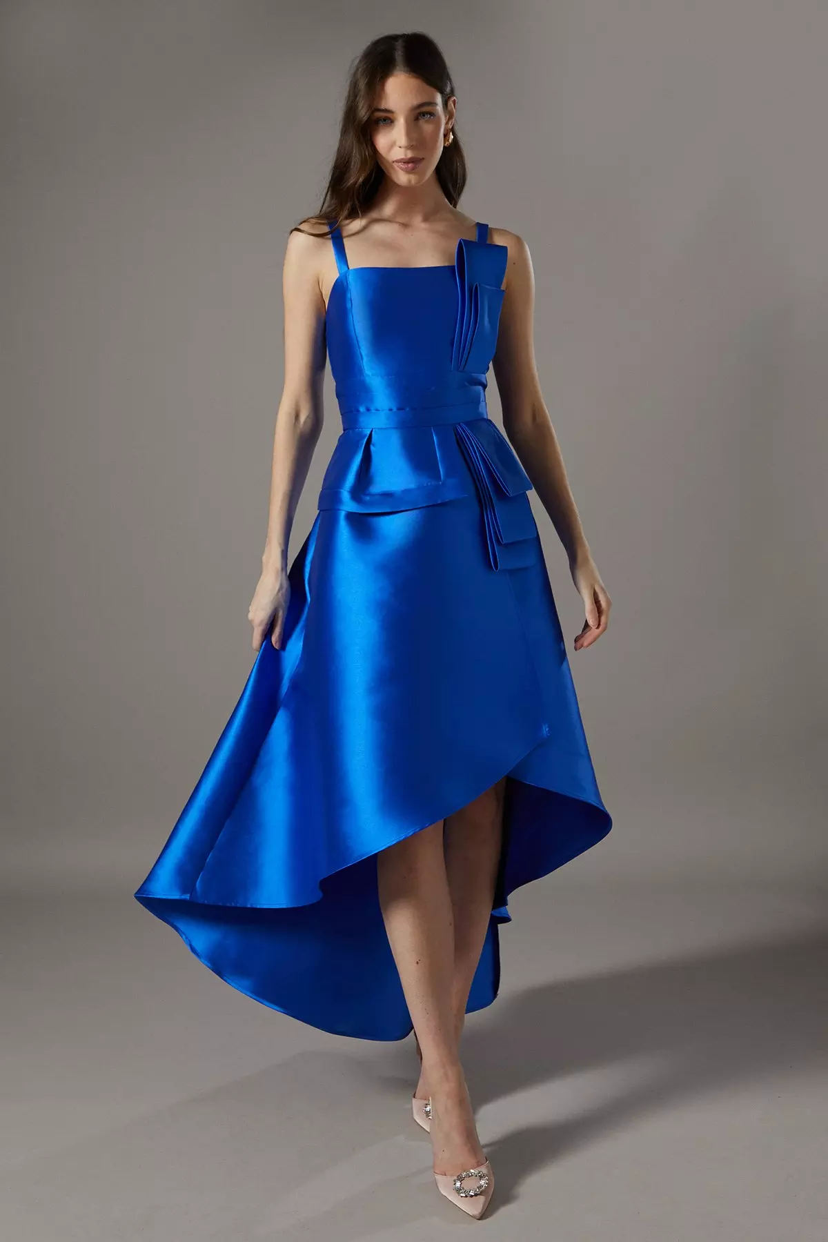 Cobalt Satin Twill Ruffle Detail Midi Dress alternative image