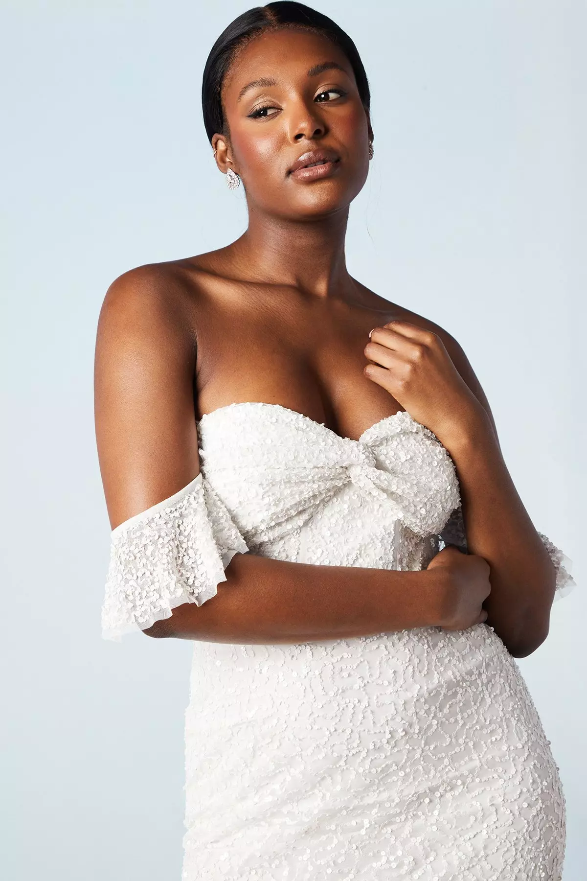 Embellished Twist Detail Bardot Fishtail Wedding Dress