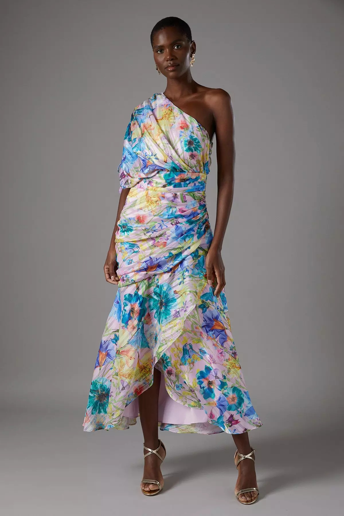 Yellow Jacquard Tiered One Shoulder Midi Dress alternative image