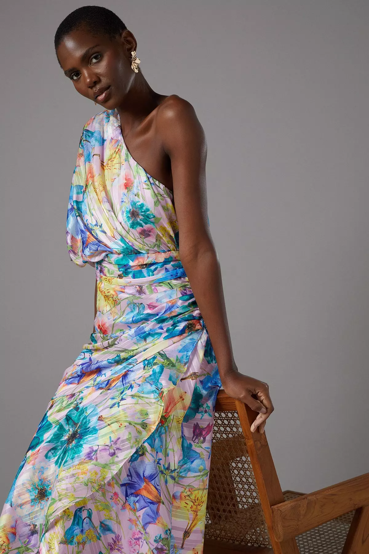 Yellow Jacquard Tiered One Shoulder Midi Dress alternative image