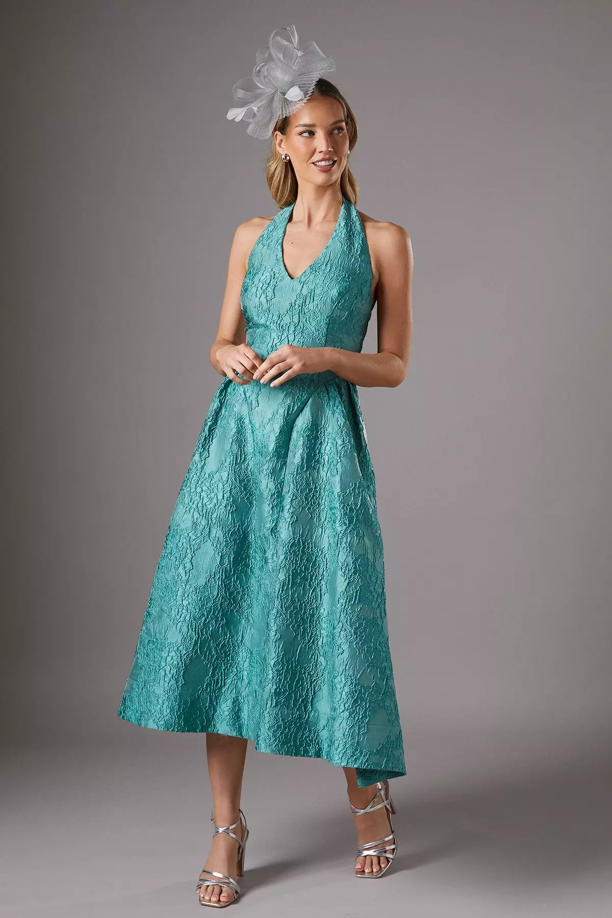Teal Halter Jacquard Drop Waist Dress alternative image