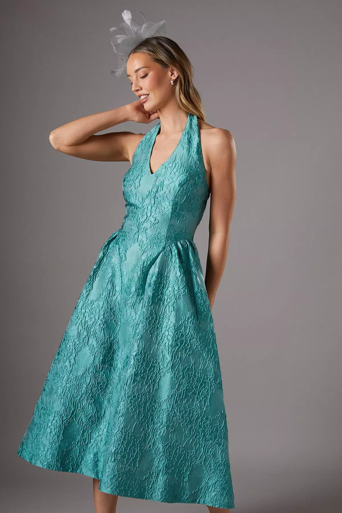 Teal Halter Jacquard Drop Waist Dress alternative image