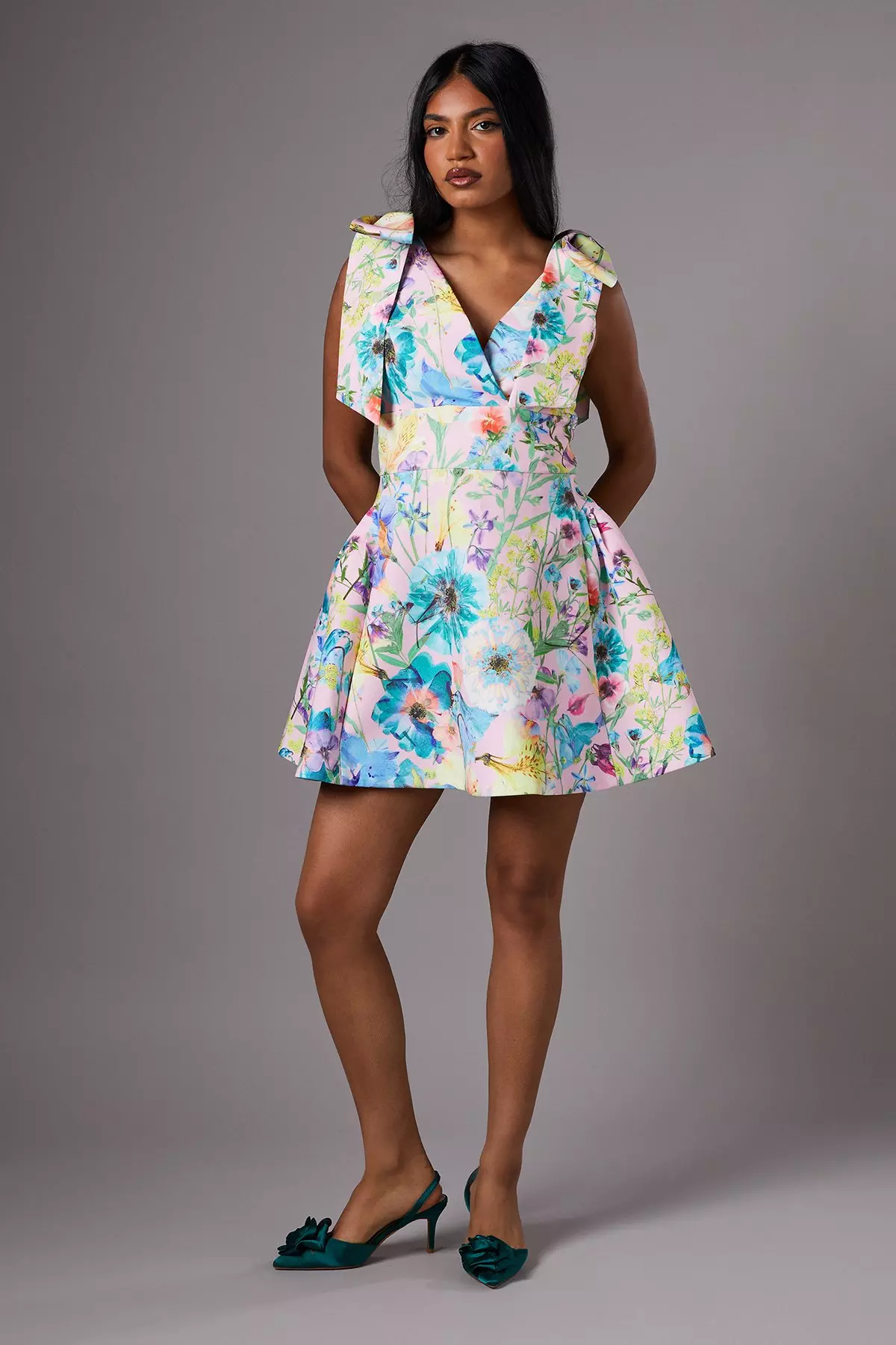 Blush Petite Skater Mini Dress With Bow Straps alternative image