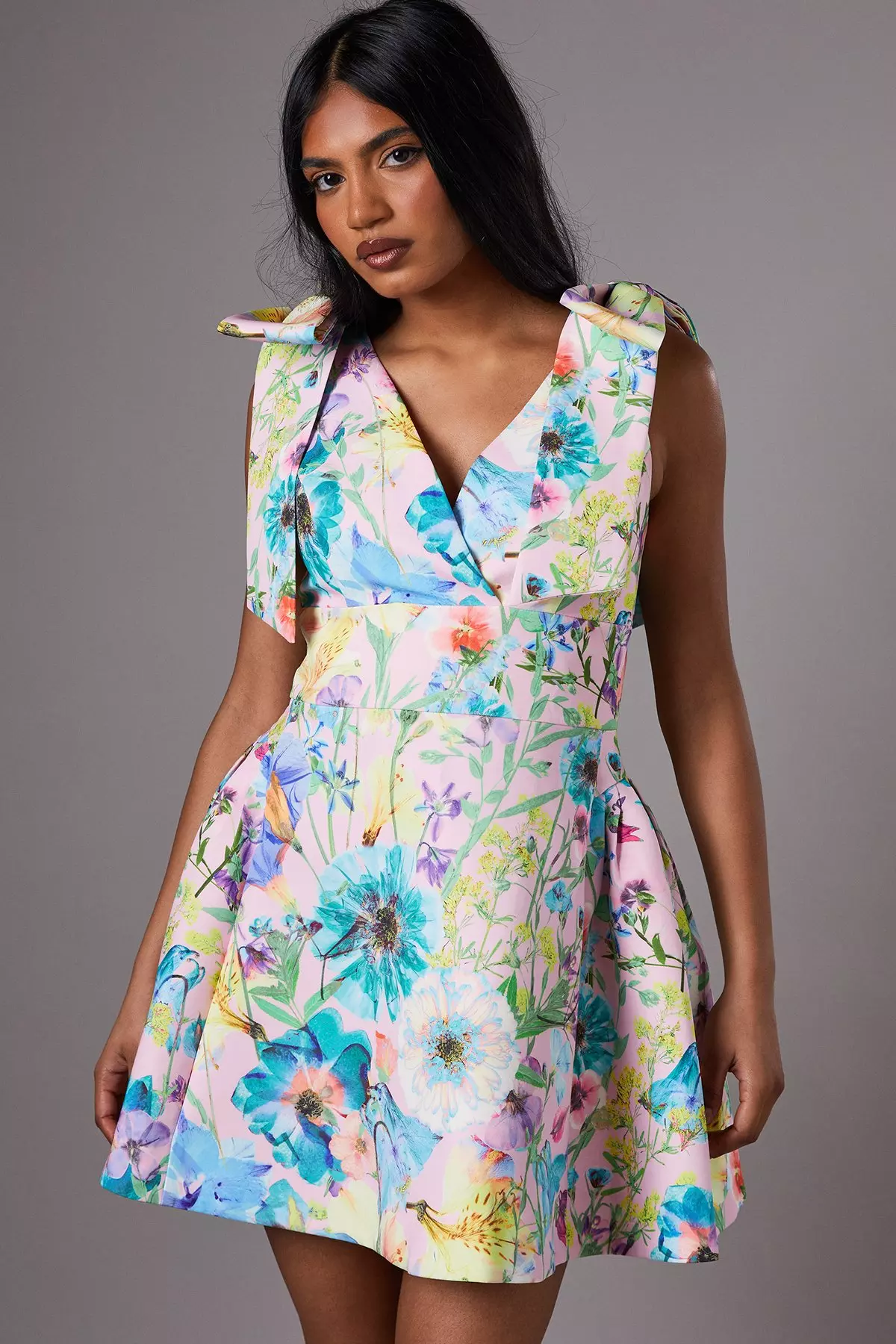 Blush Petite Skater Mini Dress With Bow Straps alternative image