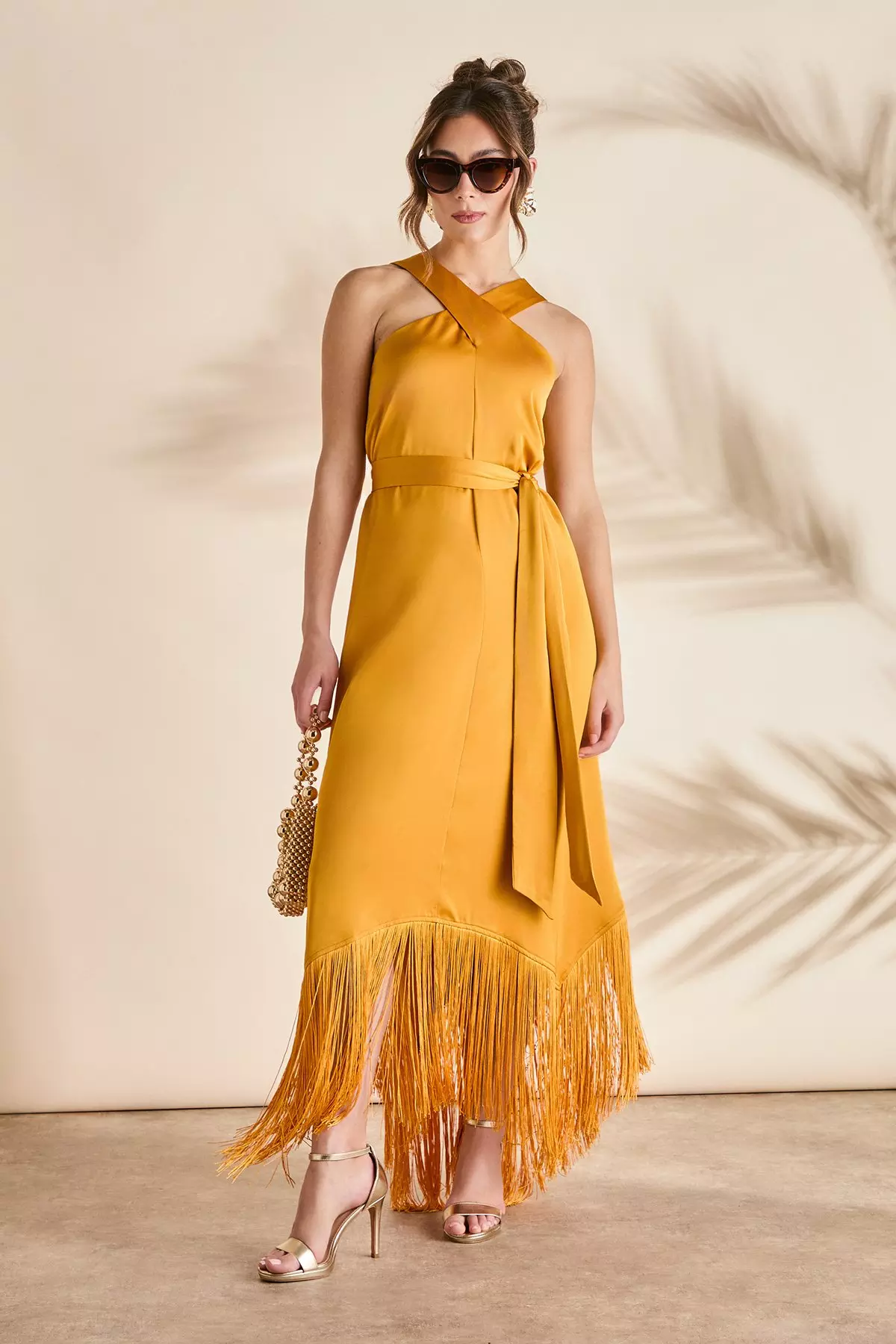 Mustard Fringe Asymmetric Hem Cross Neck Midi Dress alternative image