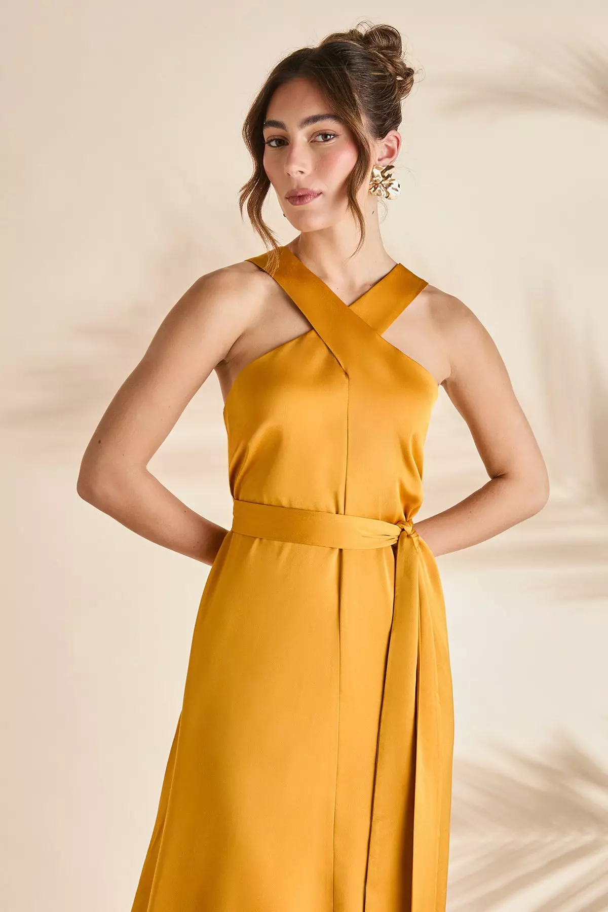 Mustard Fringe Asymmetric Hem Cross Neck Midi Dress alternative image