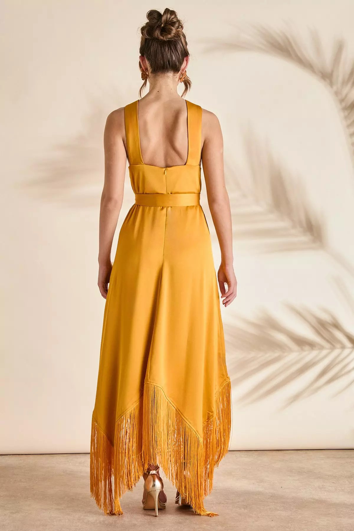 Mustard Fringe Asymmetric Hem Cross Neck Midi Dress alternative image