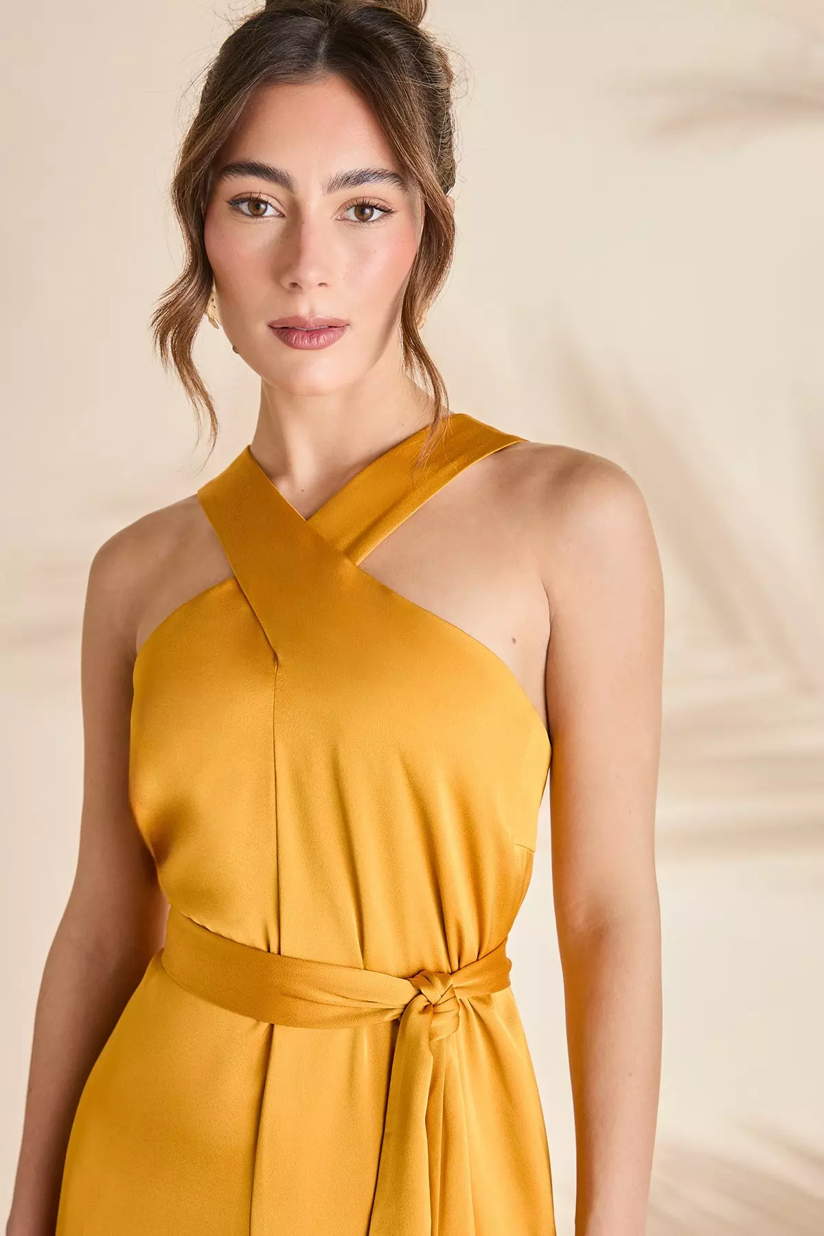 Mustard Fringe Asymmetric Hem Cross Neck Midi Dress alternative image