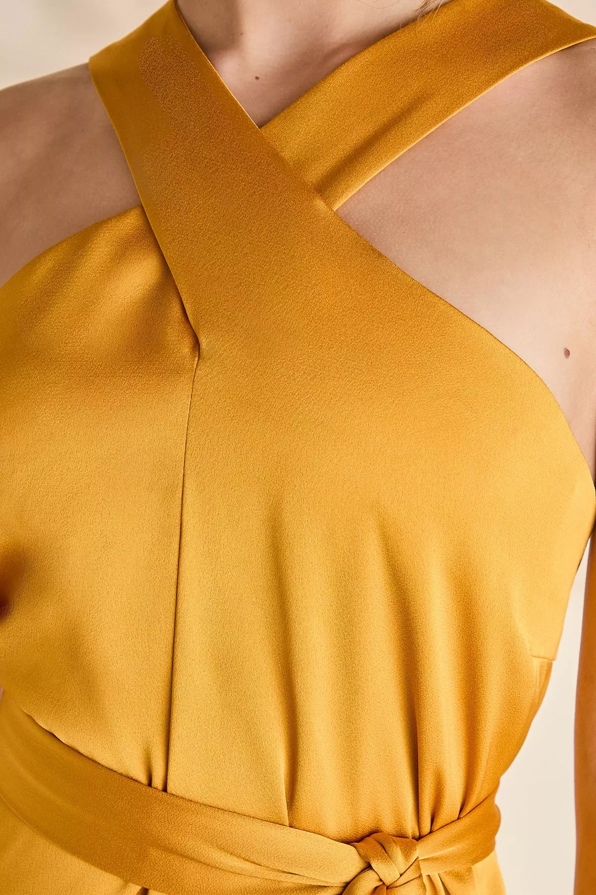 Mustard Fringe Asymmetric Hem Cross Neck Midi Dress alternative image