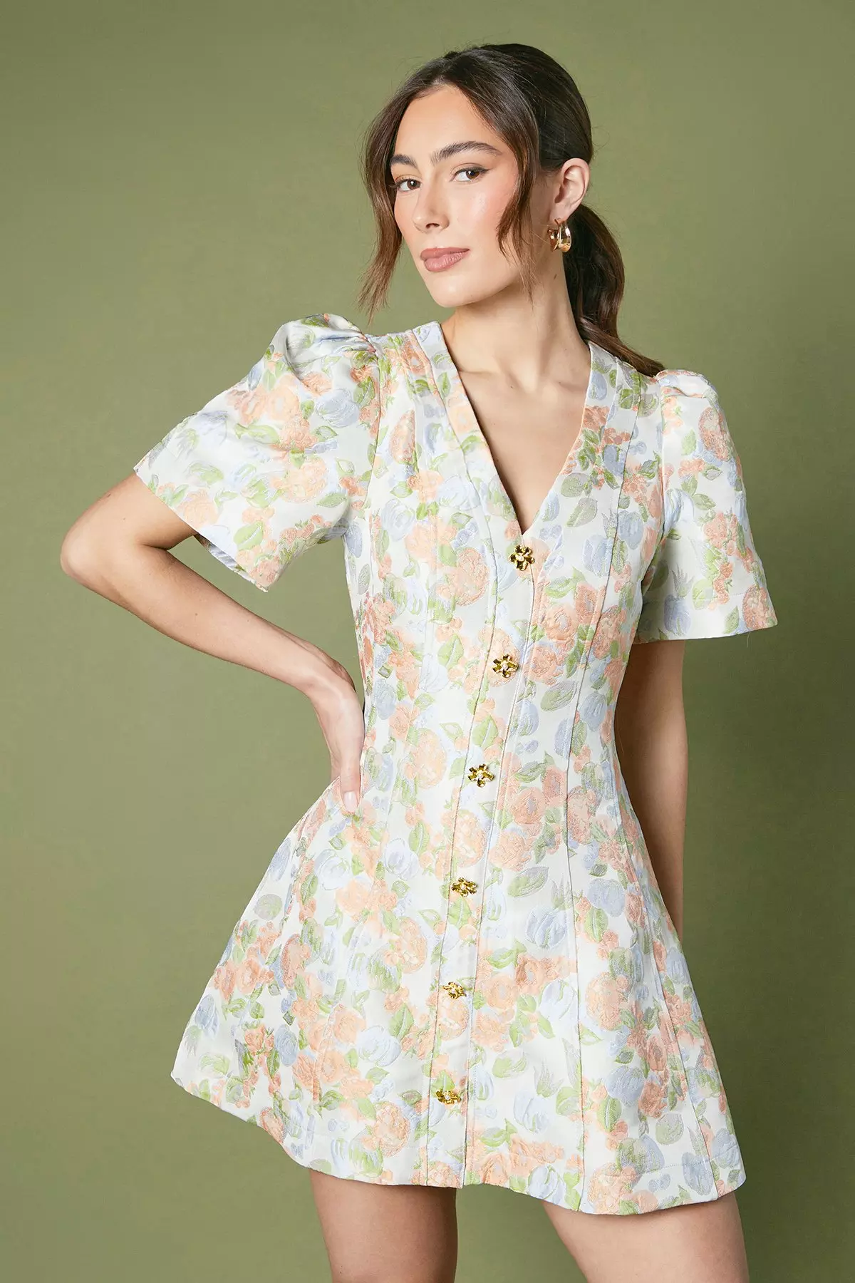 Multi Floral Jacquard Button Through Mini Dress alternative image