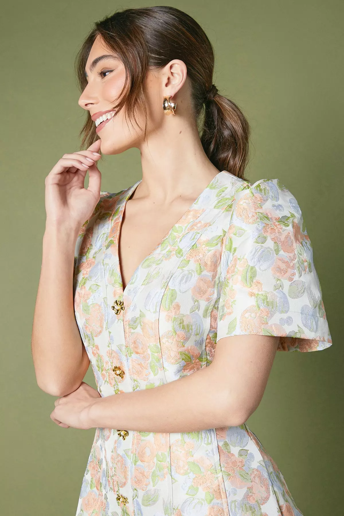 Multi Floral Jacquard Button Through Mini Dress alternative image