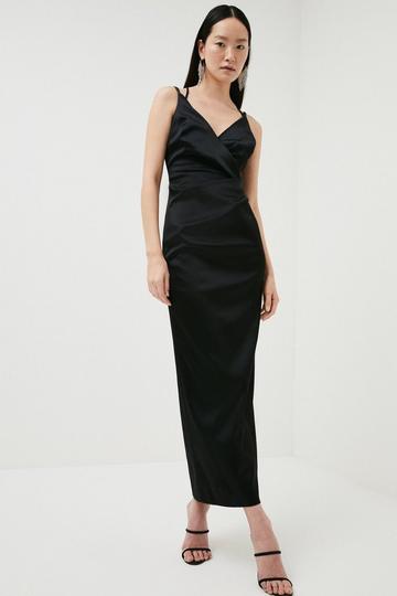 Black Italian Structured Satin Strappy Tailored Maxi Dress